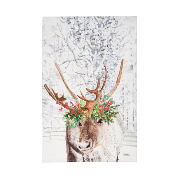 Printed kitchen towel featuring a reindeer wearing a holiday crown; artwork by Two Can Art.