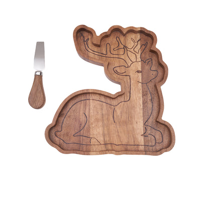 reindeer shaped serving board made from acacia wood with a spreader