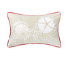 Sandollar Coral Pillow with white coral, a shell, a starfish, and a sandollar on a tan pillow with red trim
