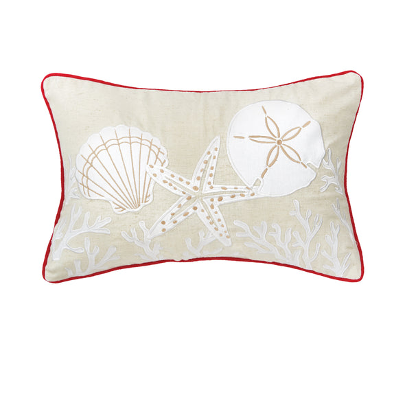 Sandollar Coral Pillow with white coral, a shell, a starfish, and a sandollar on a tan pillow with red trim