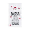 embroidered flour sack towel with instructions to make Santa's cookies including ingredients like love, joy, and sugar below a picture of Santa's face and surrounded by red snowflakes