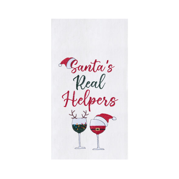 embroidered flour sack towel with the phrase Santa's real helpers above two glasses of holiday decorated wine