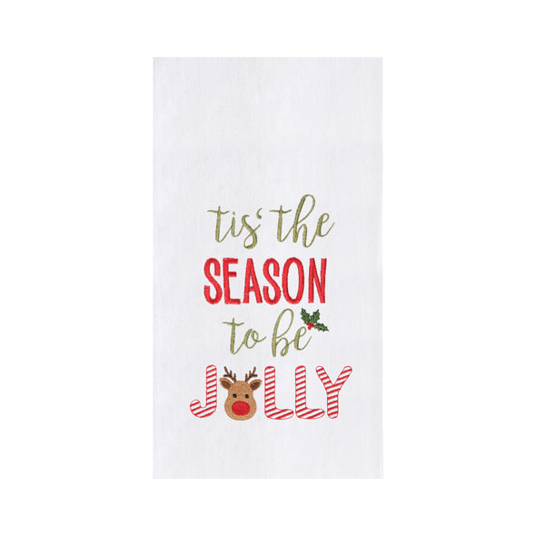 season to be jolly kitchen towel with "tis' the season to be jolly" with a reindeer in the o of jolly in red and green