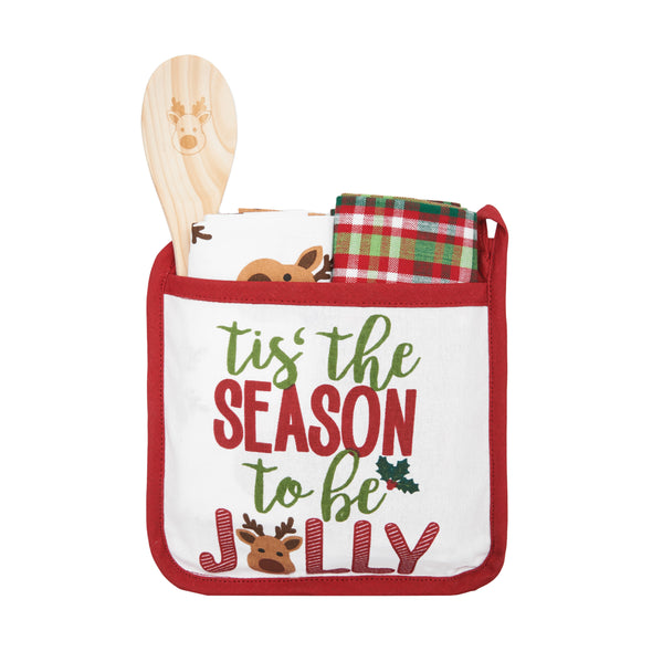 potholder gift set with a potholder that reads tis the season to be jolly with a reindeer paired with two cotton towels and a wood spoon stamped with a reindeer face