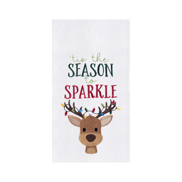 embroidered flour sack towel with the phrase 'tis the season to sparkle above a reindeer with Christmas lights tangled in its antlers