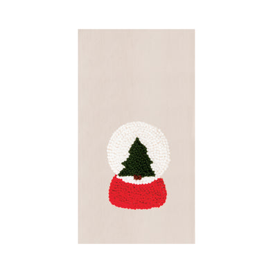 snow globe tree french knot kitchen towel with a green christmas tree in a red snow globe 