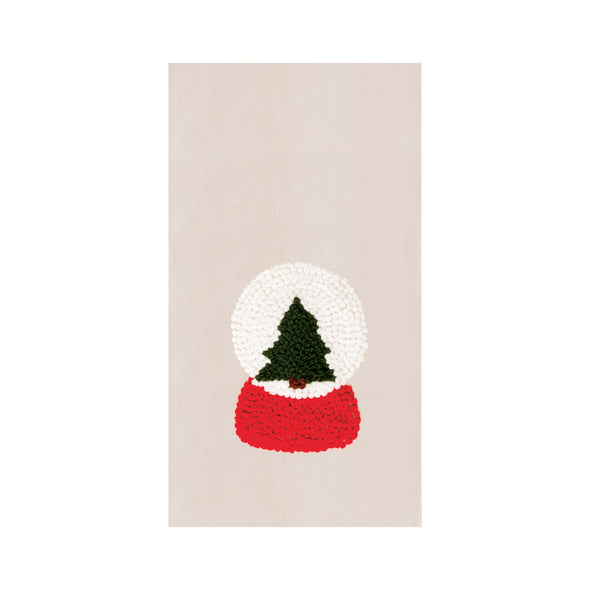 snow globe tree french knot kitchen towel with a green christmas tree in a red snow globe 