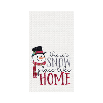 waffle weave towel with a snowman wearing a top hat and scarf next to the phrase there's snow place like home