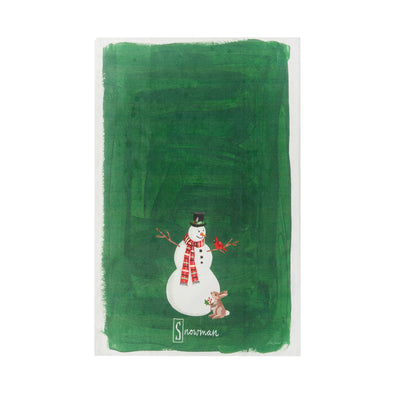 snowman alphabet kitchen towel, snowman with a rabbit on a green background