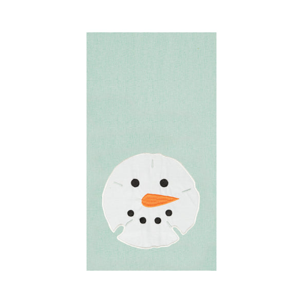 snowman sand dollar embroidered kitchen towel, sand dollar with a snowman face on a teal towel