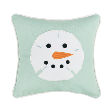 Snowman sand dollar mini pillow, sand dollar with a snowman face on a teal pillow