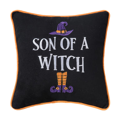 black mini embroidered pillow with the phrase son of a witch in the center surrounded by a purple witch hat and legs