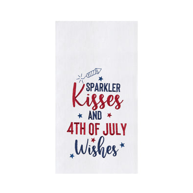 flour sack towel with the words sparkler kisses and 4th of july wishes surrounded by stars and a sparkler in red and blue