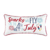 an embroidered pillow trimmed in red with the phrase sparks will fly on the 4th of july surrounded by bursting fireworks and sparklers