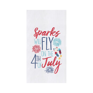 flour sack towel with the words sparks will fly on the 4th of July surrounded by firework bursts and firecrackers