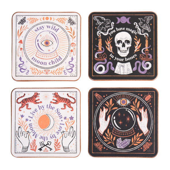 set of four different coasters each decorated with mystical elements like skulls, crystal ball, moons, bugs, and stars.