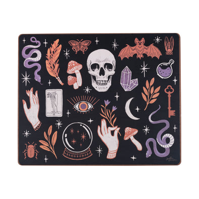 hardboard placemat with spooky decorative elements like snakes, skulls, mushrooms, bats, crystal balls, moon, bugs, and stars.