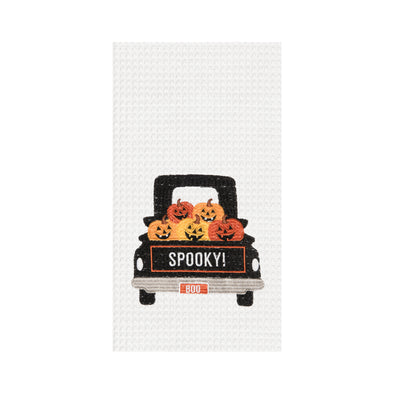 Embroidered Spooky Pumpkin Truck waffle weave kitchen towel