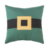 green pillow with a black and gold belt around the middle 