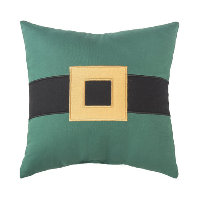 green pillow with a black and gold belt around the middle 