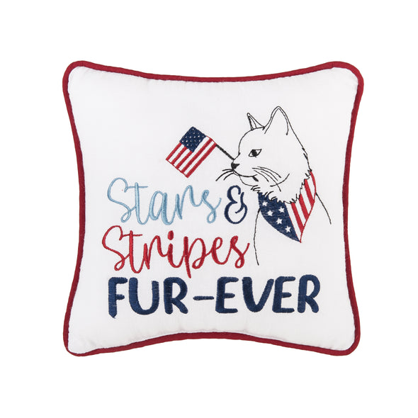 embroidered pillow with a cat wearing an americana themed bandana scarf and holding a flag in its mouth next to the phrase stars & stripes fur-ever