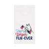 embroidered waffle weave towel with a cat proudly wearing a patriotic bandana scarf and holding a flag in its mouth with the words Stars & Stripes Fur-Ever