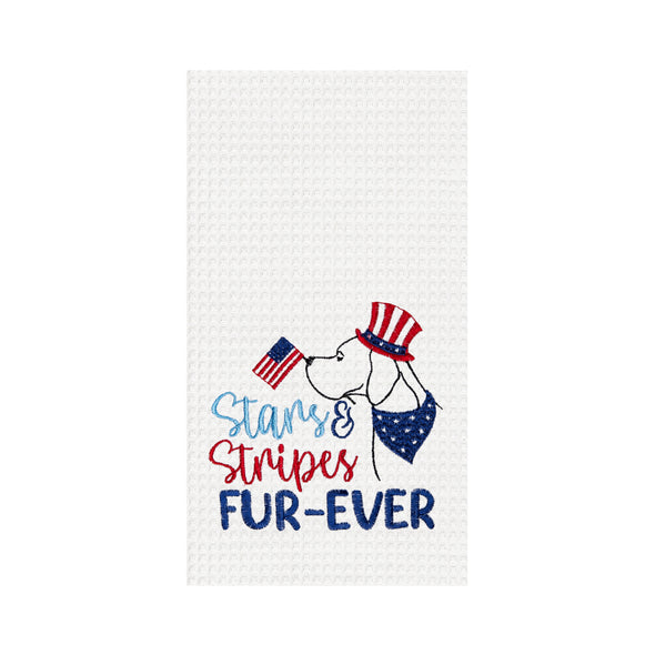 waffle weave kitchen towel with a dog wearing a patriotic top hat and holding a flag in its mouth with the words Stars & Stripes Fur-Ever