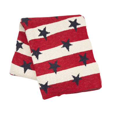 knitted throw with red and white stripes and navy blue stars