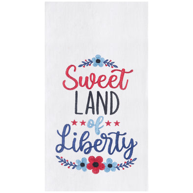 flour sack towel with the words sweet land of liberty surrounded by floral and botanical motifs in red and shades of blue