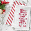 embroidered flour sack towel listing some of Santa's famous reindeer along with names of popular liquors in red embroidery on a marble countertop