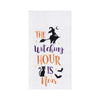 flour sack towel with embroidered Halloween icons including a witch, black cat, and bats