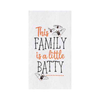 This Family Is A Little Batty flour sack kitchen towel.