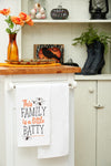 This Family is a Little Batty kitchen towel styled in a Halloween themed kitchen.