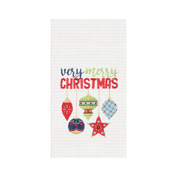 very merry ornament kitchen towel, 5 multiple colored ornaments on a white towel 