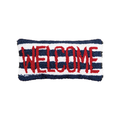 mini pillow with blue and white stripes with the word welcome in red