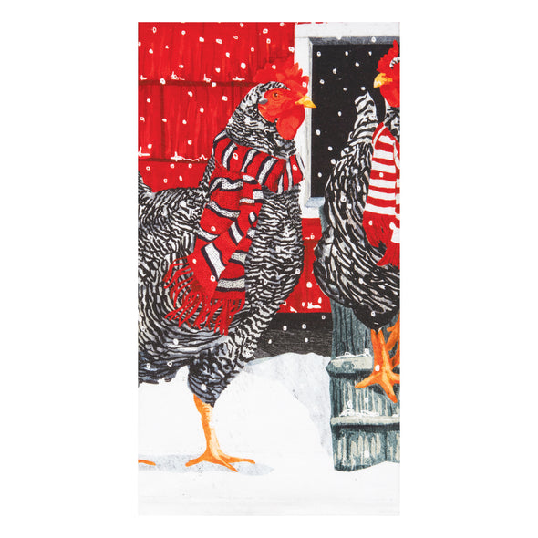 Detail shot of the Winter Chicken printed kitchen towel. Artwork by Two Can Art.