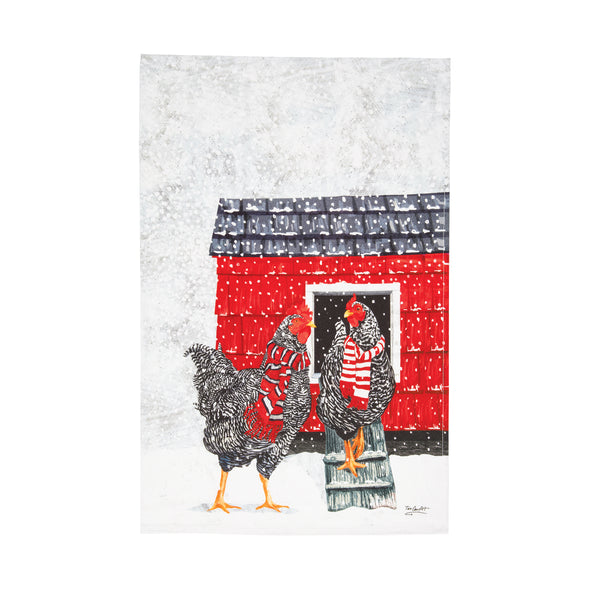 Winter Chicken printed kitchen towel with two hens in front of a chicken coop in a snowy scene. Artwork by Two Can Art.