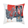 Winter chicken pillow with two hens in front of a chicken coop in a snowy scene. Artwork by Two Can Art.