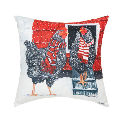 Winter chicken pillow with two hens in front of a chicken coop in a snowy scene. Artwork by Two Can Art.