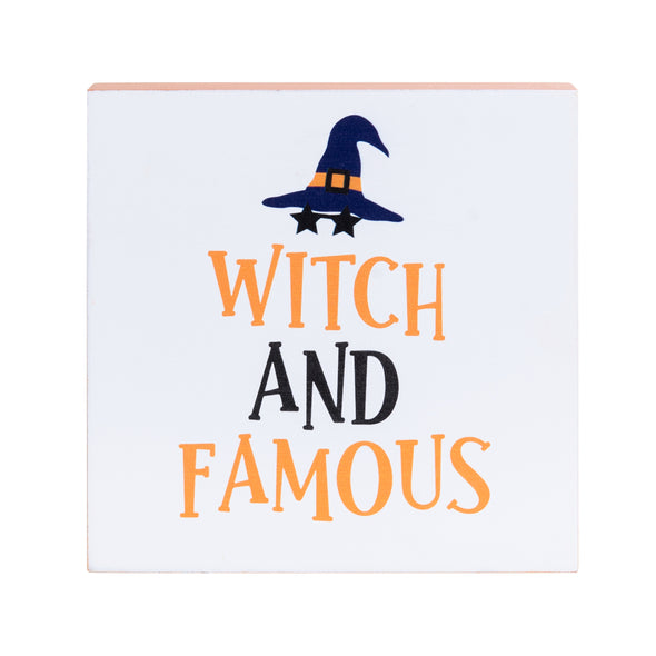 shelf block with the phrase Witch and Famous topped with a witches' hat and stars