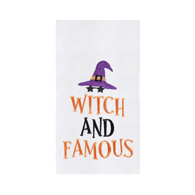 flour sack towel with embroidered phrase of witch and famous topped with a witches' hat and stars