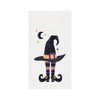 embroidered waffle weave towel with a black witches' hat and legs next to a halfmoon and stars