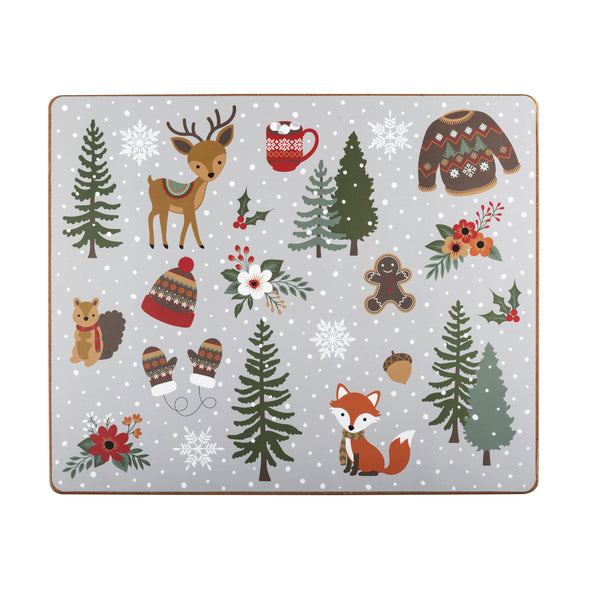 hardboard placemat with a soft grey background and covered with woodland creatures adorably illustrated and surrounded by charming Christmas motifs such as hot cocoa, gingerbread man, holly berries, and snowflakes