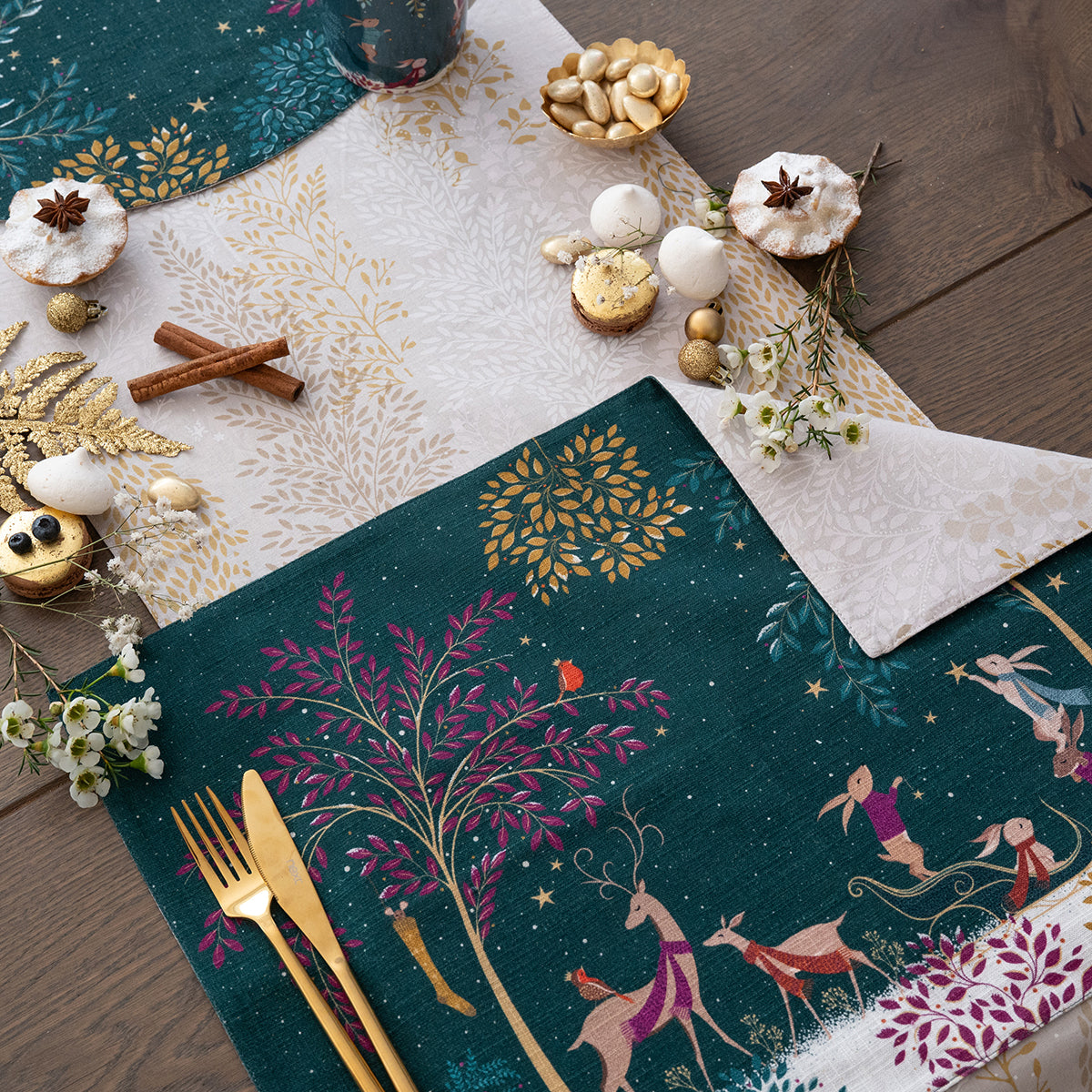 woodland tales table linens table linens displayed as a coordinated tabletop setting.