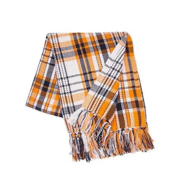 woven orange black and white throw