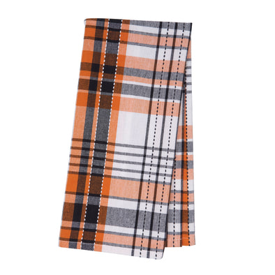 woven orange black and white plaid kitchen towel