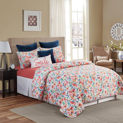 Garden Dream by C&F, 100% cotton floral design quilt, machine washable,  cotton filled quilt, oversize, handcrafted, ruched edging on three sides,  ruffled throw pillow, coordinating bed skirt and Euro shams