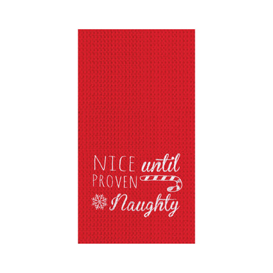 nice until proven naughty waffle weave towel, red christmas towel