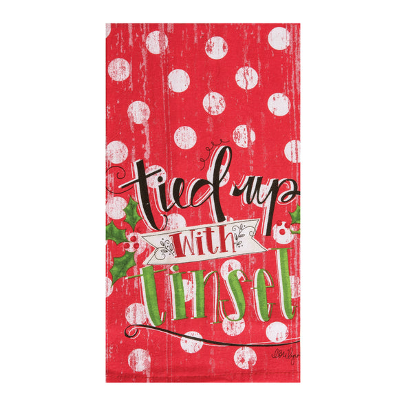 tied up with tinsel kitchen towel, christmas kitchen towel