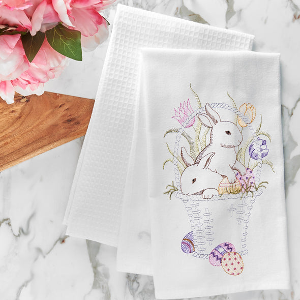 Bunnies in a Basket Easter Kitchen Towel